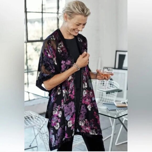 J. Jill Ruana Velvet Burnout Cardigan One Size Kimono Duster Purple Floral - Picture 1 of 9